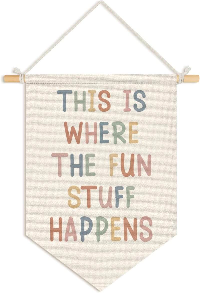 Wheatwin Playroom Wall Decor, Boho Fun Classroom Decor Wall Hanging Pennant Flag Banner, This Is Where the Fun Stuff Happens Wall Decor for Kids Room Nursery Playroom Classroom 15x11 Inch - Image 1